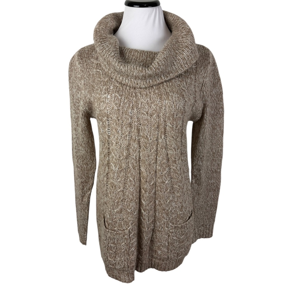 89th & Madison Tan Marled‎ Cowl Neck Cable Knit Sweater Women's Petite Large